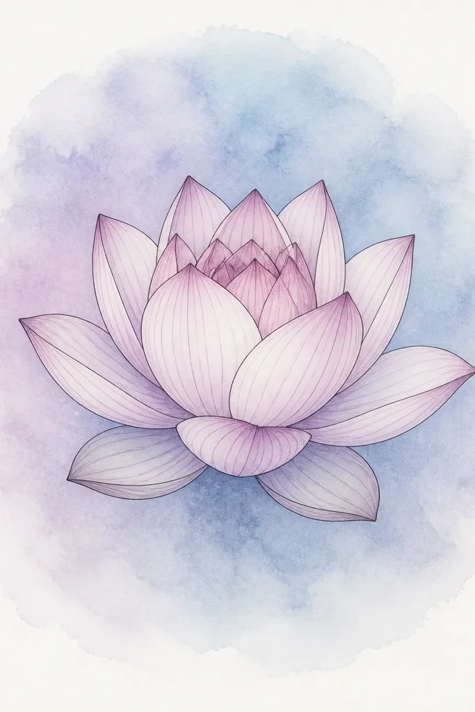 A lotus drawn in the center over a soft circular watercolor wash background. The petals are outlined and lightly shaded, while the background is pale blue and lavender fading outward.