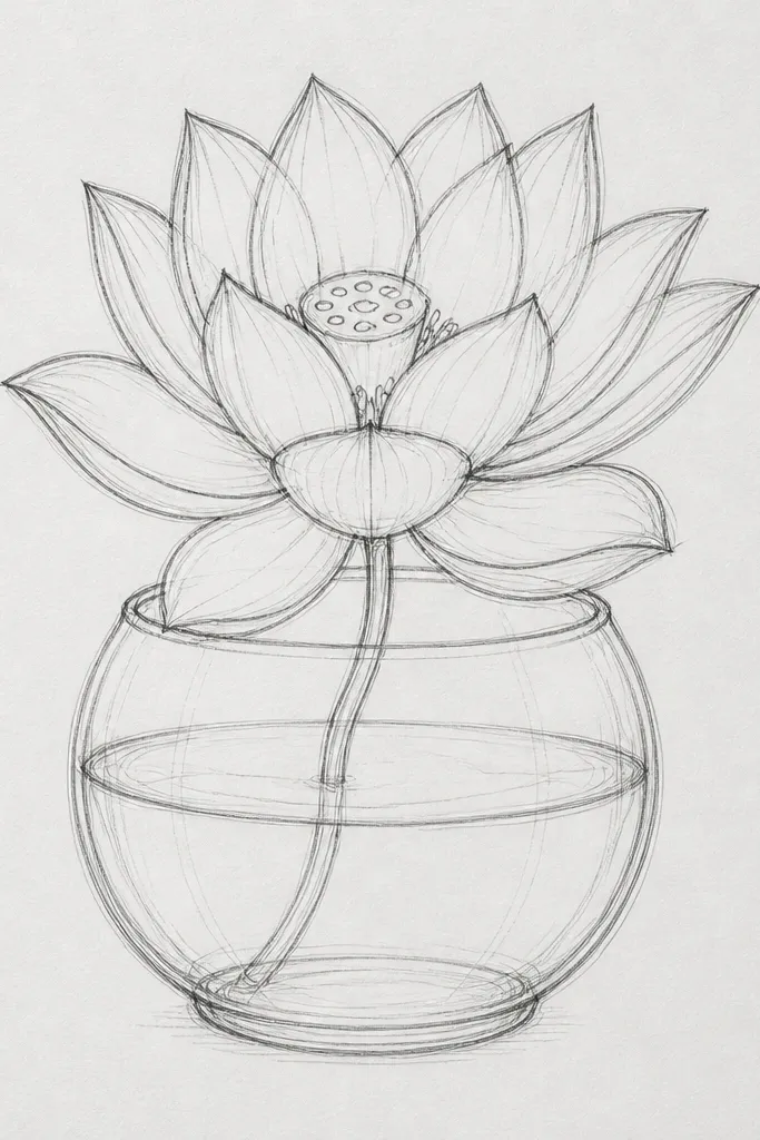 A lotus drawn inside a simple glass bowl shape. A curved waterline crosses the bowl. The lotus petals above the water are outlined clearly, while the submerged parts are lighter and less detailed.