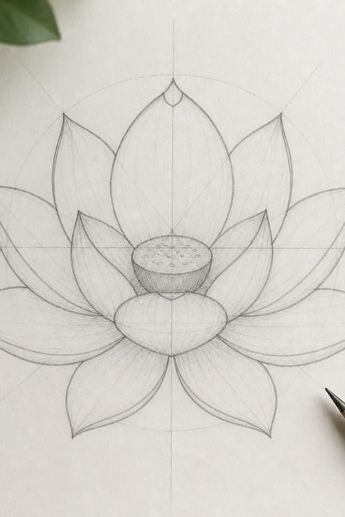 A lotus drawn with faint symmetry guidelines visible. Petals are arranged evenly, and one petal at the top has a small leaf notch shape. The center dish is lightly shaded and symmetrical.