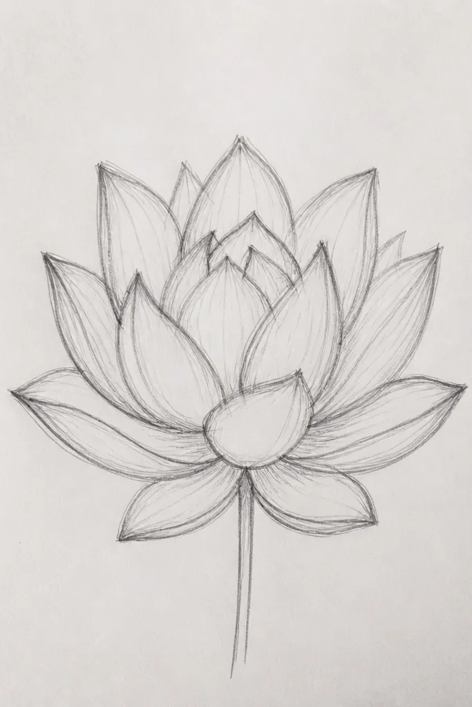 A lotus with soft smoky shading on the petal faces. The outer petals fade from light to slightly darker toward the base, with a darker center fold and a dim seed texture.
