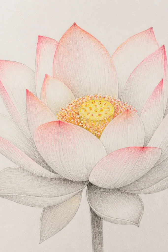 A lotus drawn in pencil with colored pencil accents. The petal edges have a soft glow in peach and pale pink, while the center is warm yellow with tiny red-orange dots.