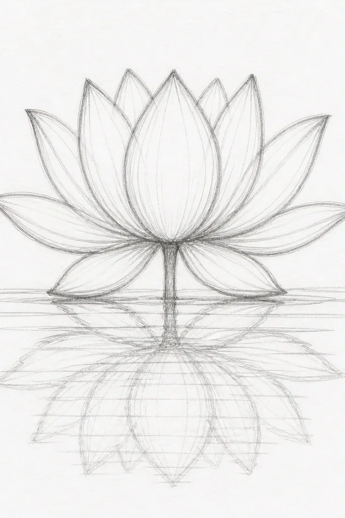 A centered lotus in pale pink with five clear petals, surrounded by mirror-like water. The reflection is a faint V-shape under each petal with long, gentle ripple lines fading toward the bottom edge.