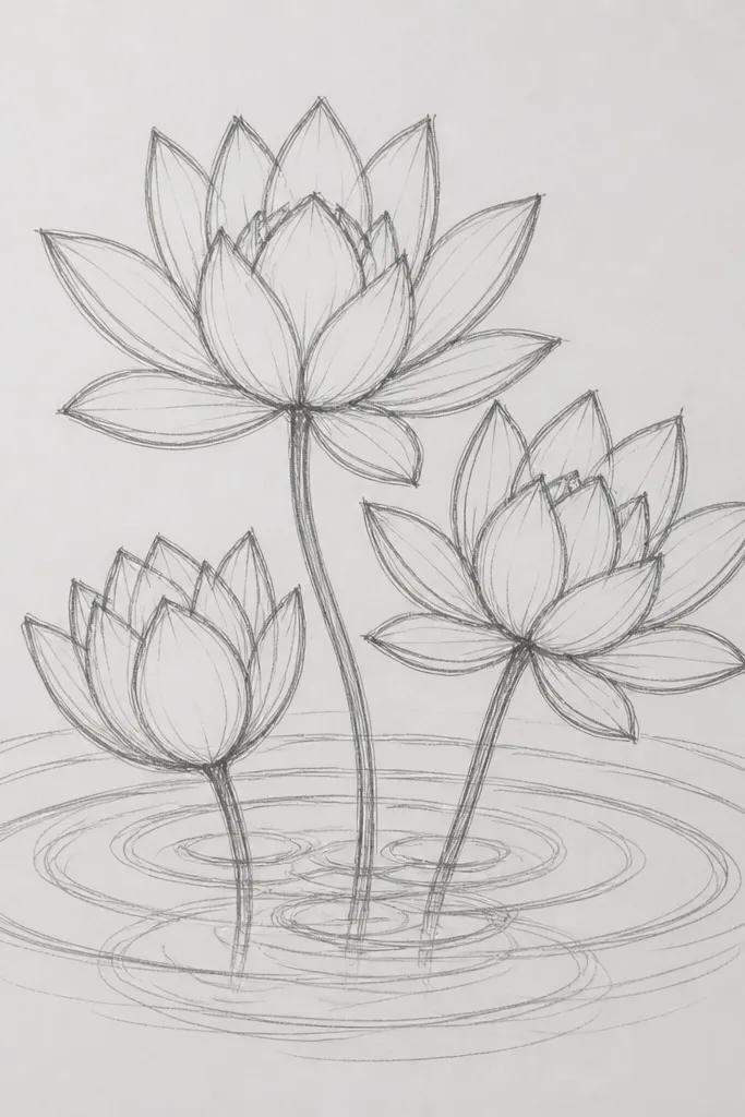 Three lotus blooms stacked diagonally, each a different pink tone. Under them, layered ripple bands cross like translucent stripes, and reflections overlap where the blooms sit.