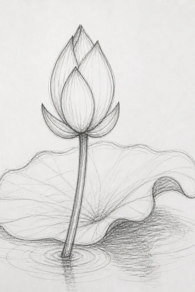 A lotus bud half-submerged, with the top petals visible above the waterline. A dark leaf shadow curves along the water surface, and the reflection is shorter and more muted.