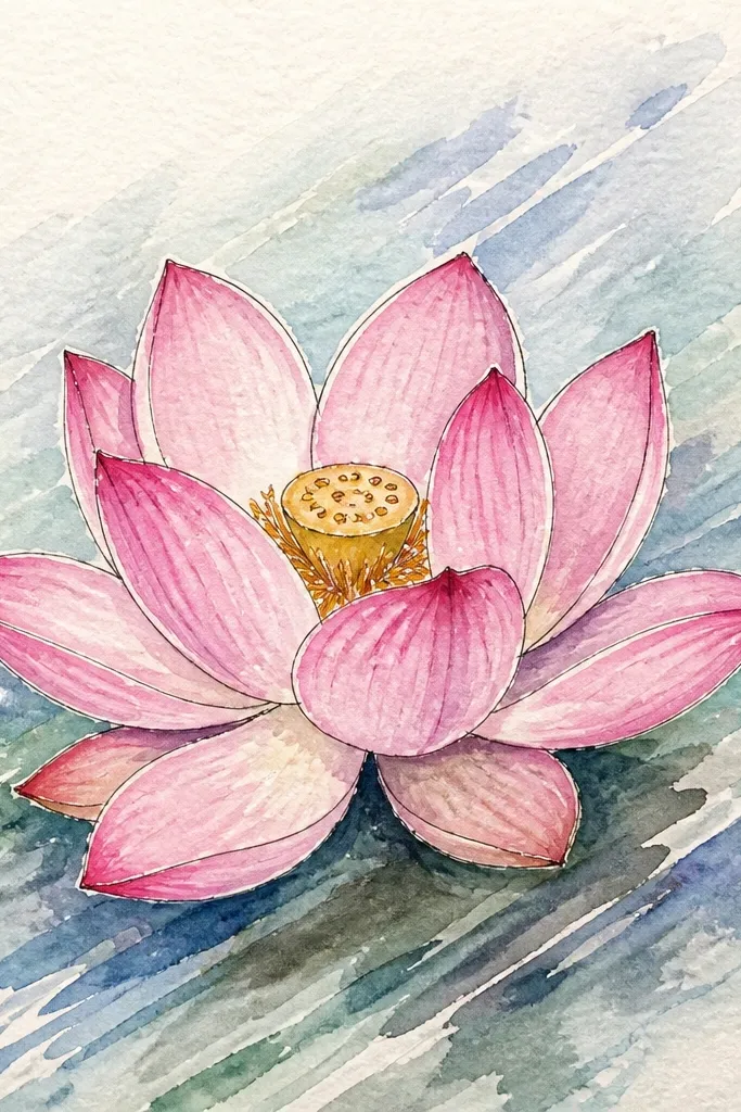 A lotus bloom angled slightly to the right, with diagonal ripple lines sweeping across the water. The reflection follows the diagonal direction, with highlights as small white dashes.