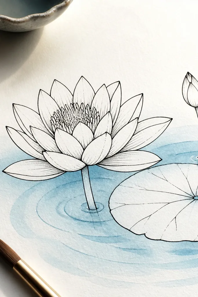 A black ink lotus with crisp outlines and minimal shading. The water is watercolor in pale blue with soft ripple arcs that stop cleanly at the ink lines.