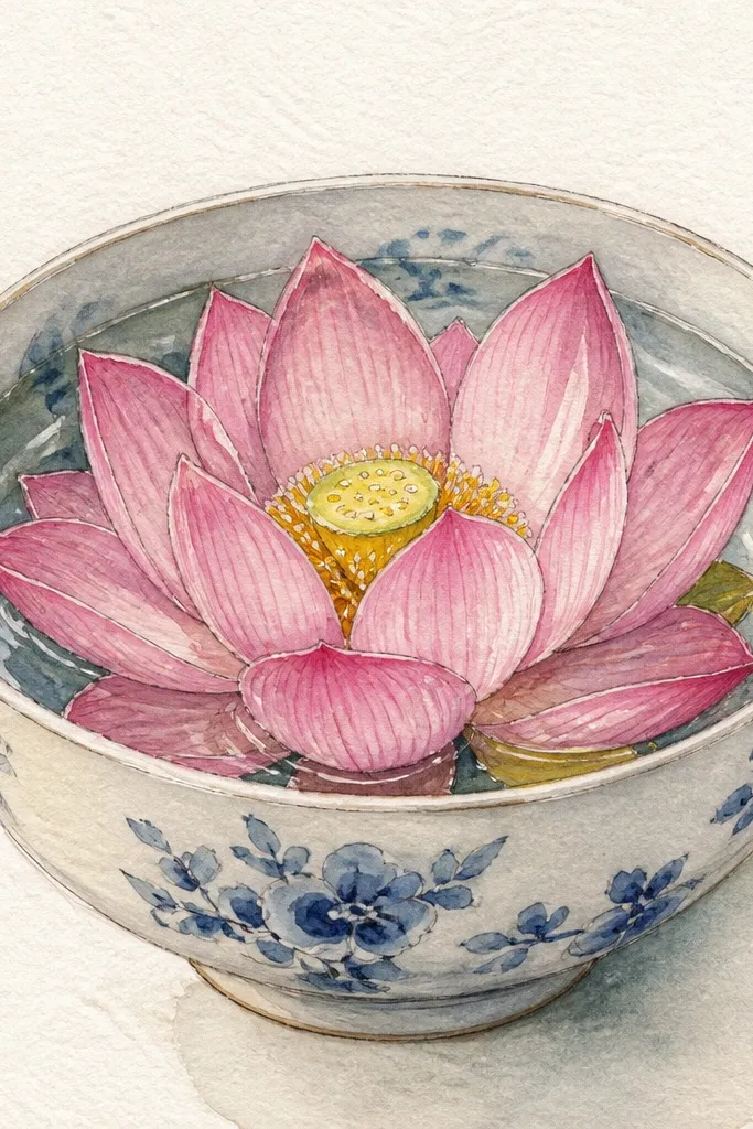A lotus floating inside a drawn cup or bowl shape. The water surface has a darker rim band, subtle circular ripples, and the reflection curves with the bowl interior.