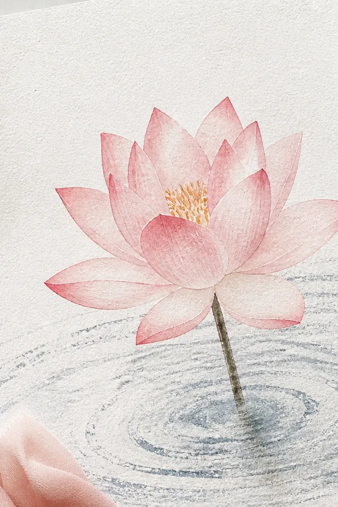 A soft lotus in pink watercolor with visible paper texture. The water has dry-brush ripples: broken, speckled lines that look grainy and tactile.
