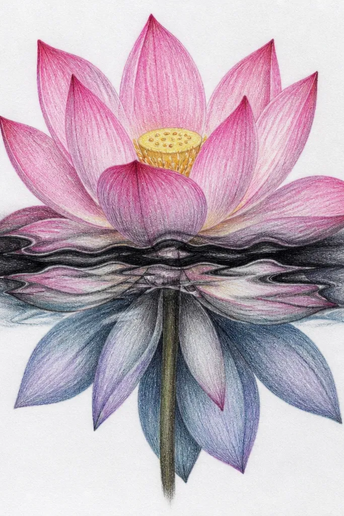 A lotus above the water with its reflection below. A dark, semi-transparent ripple veil crosses the reflection, splitting it into two tones.