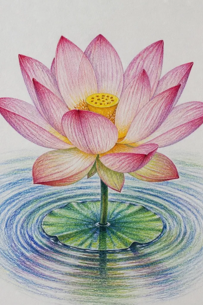 A lotus centered in the upper half. The water has a gentle grid of ripple lines: evenly spaced curves that form a soft checker-like pattern around the reflection.