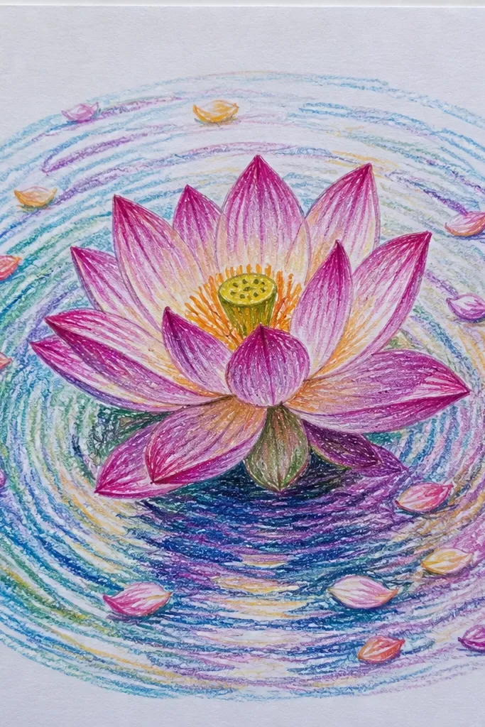 A lotus bloom with scattered tiny petals floating on the water. Ripple rings expand from each petal, and the reflections appear as broken pink shapes beneath the rings.