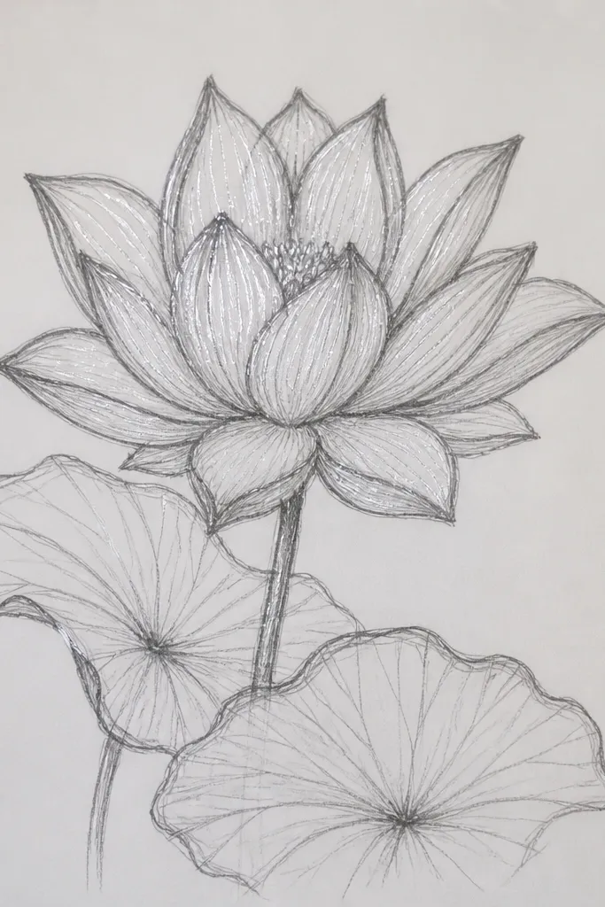 A deep black and charcoal lotus with soft watercolor edges. The water has dark gray ripples, and bright silver-white gel highlights trace the ripple crests and reflection edges.