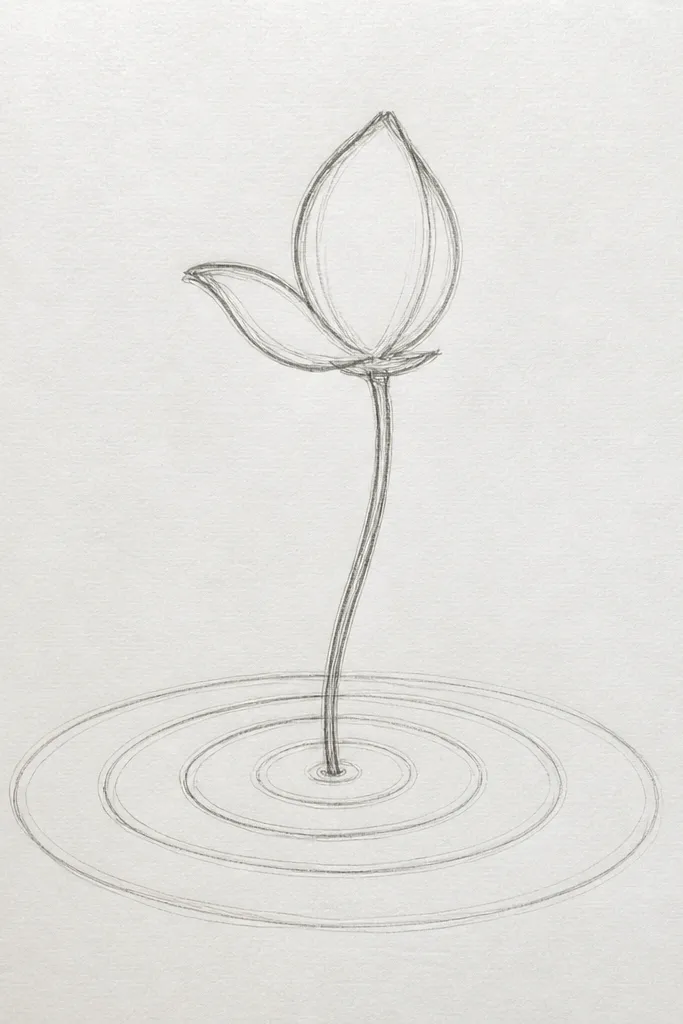 A single oversized lotus petal shape floating above water. Long, thin ripple lines stretch across the page, and the reflection is a faint mirrored curve.