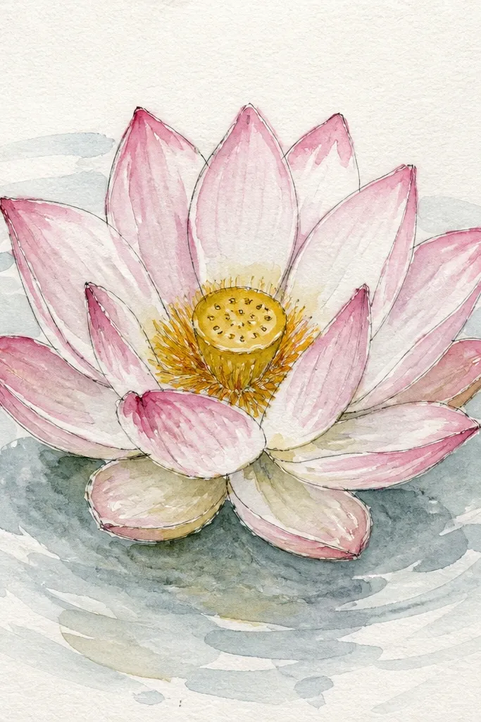 A lotus bloom with a bright gold seed pod center. The water has pale circular rings radiating from the center, with a soft pink reflection beneath.