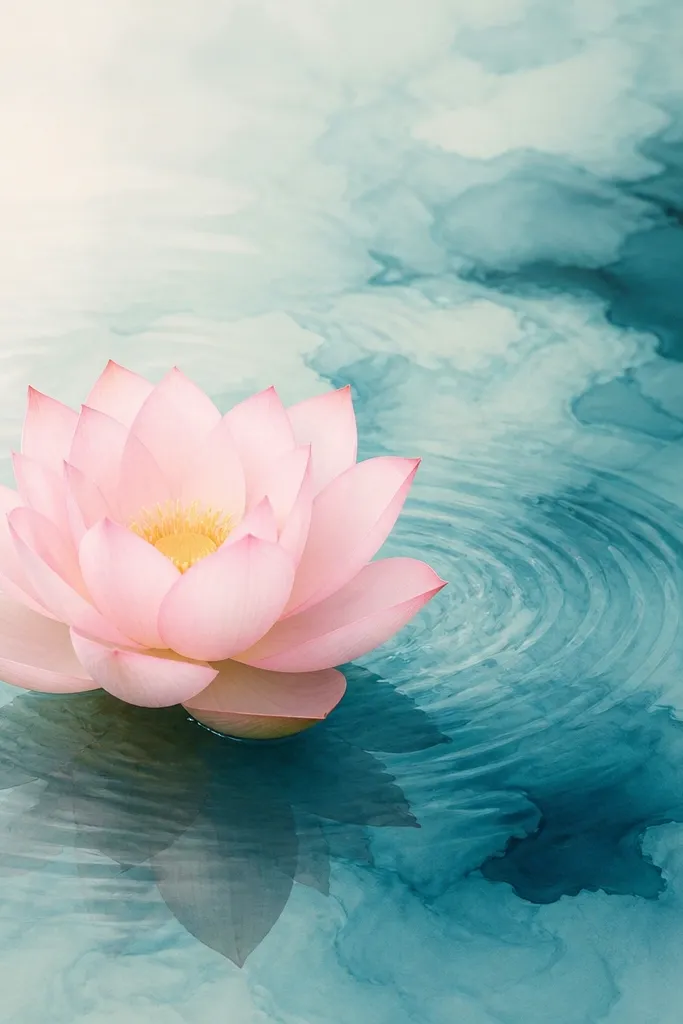 A lotus in pale pink with soft edges. Turquoise water wash spreads and blooms into darker clouds, and ripple lines are suggested with light strokes.