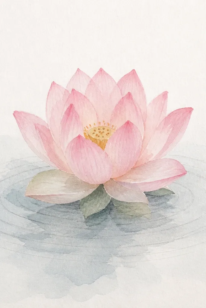 A lotus painted in light watercolor. Under it, pencil ripples are visible as fine graphite lines, with a gentle watercolor wash behind them.