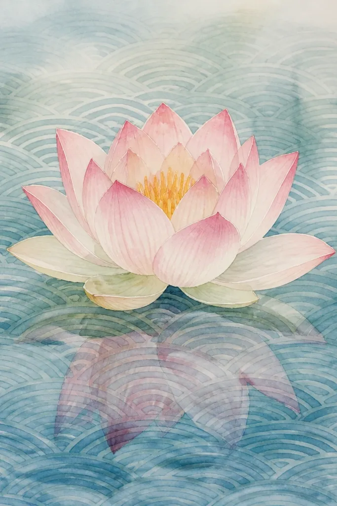 A lotus drawn over a patterned water background made of repeated curved lines. The ripples are visible through a translucent watercolor wash, and the lotus reflection is faint.