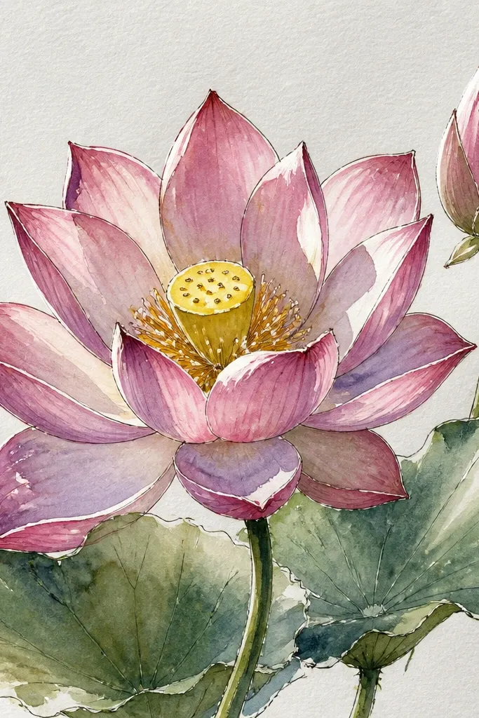 A lotus with light coming from the left, shown by bright highlights along left petal edges. The water has matching highlights and a reflection that's brighter on the left side.