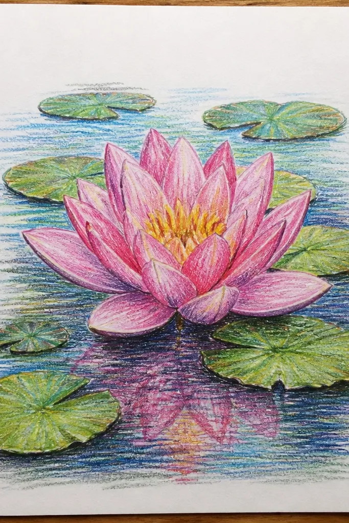 A lotus with several green leaves around it at the waterline. The water has ripples that break around leaf shapes, and the reflection is partial where leaves interrupt it.