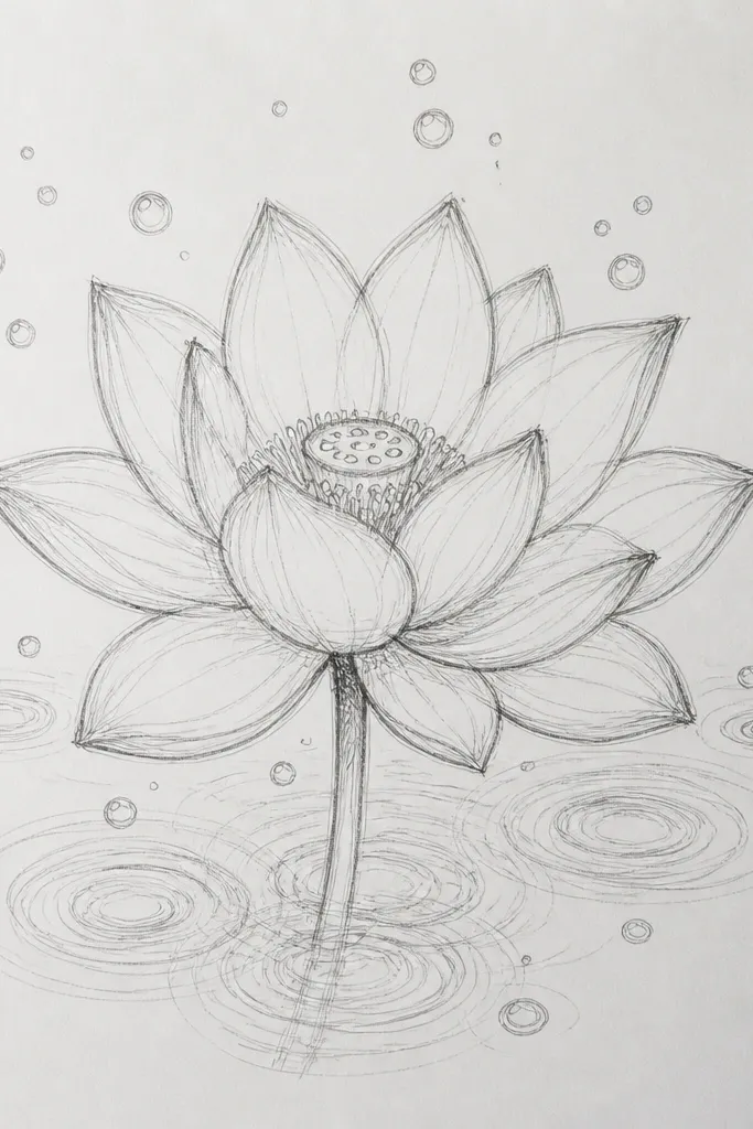 A lotus bloom with a few small bubble rings in the water. The ripples are thin circles, and the water has tiny white dots like sparkle highlights.