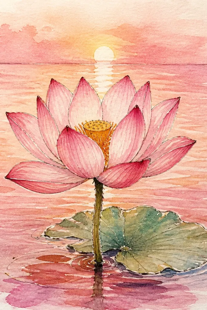 A lotus in pale pink over water that fades from peach near the horizon to soft blue below. Ripple lines are subtle and follow the gradient, with a muted reflection.