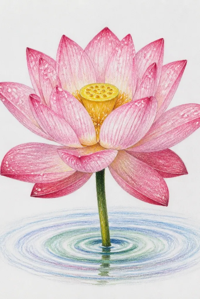 A lotus with tiny water droplets drawn as glossy teardrops on petal tips. Under the lotus, ripples spread outward from the droplet positions.