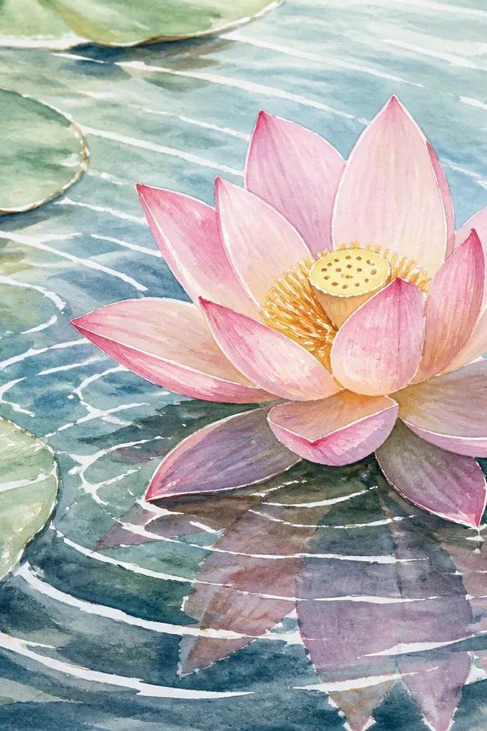 A lotus drawn and colored with watercolor, while the water has bright white highlight streaks that resist the wash. The ripples are visible behind the white streaks.