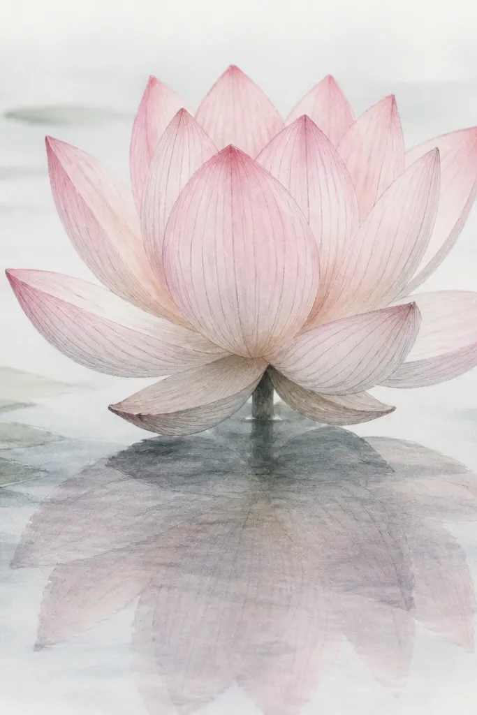 A lotus with visible pencil vein lines on petals. The water is a soft watercolor veil with faint ripples, and the reflection is hazy with pencil marks barely visible.
