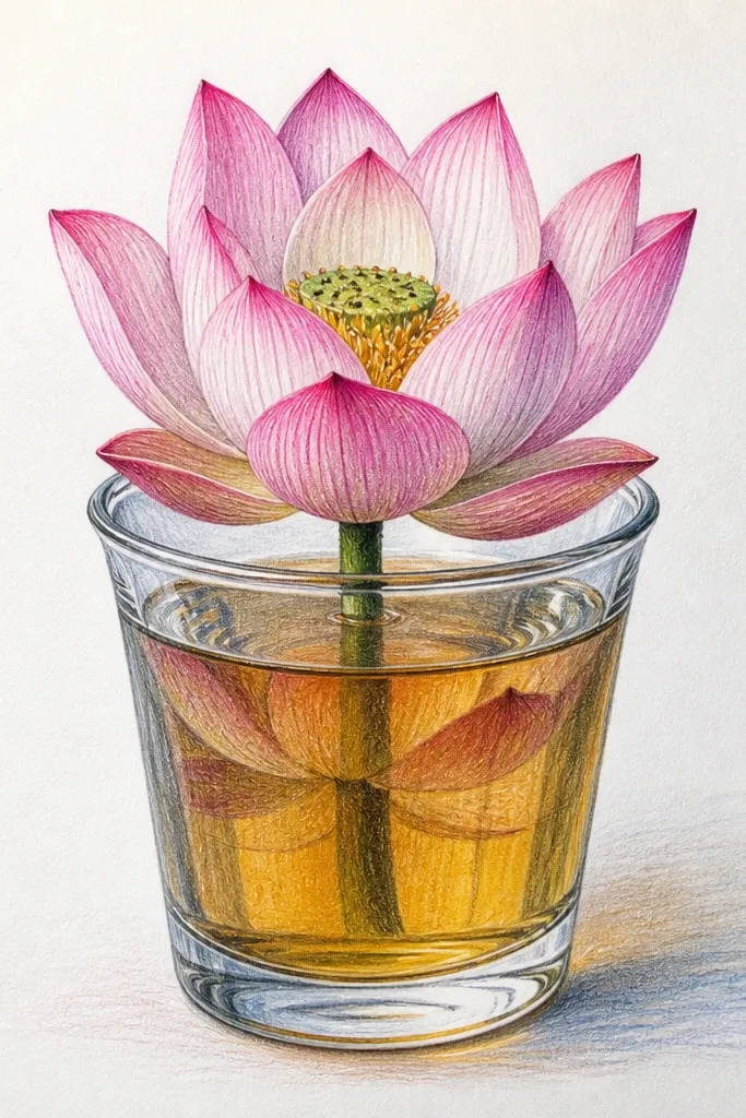 A lotus floating under a drawn glass surface line. There is a reflection directly under the lotus and a second, softer reflection below it, suggesting thickness and refraction.