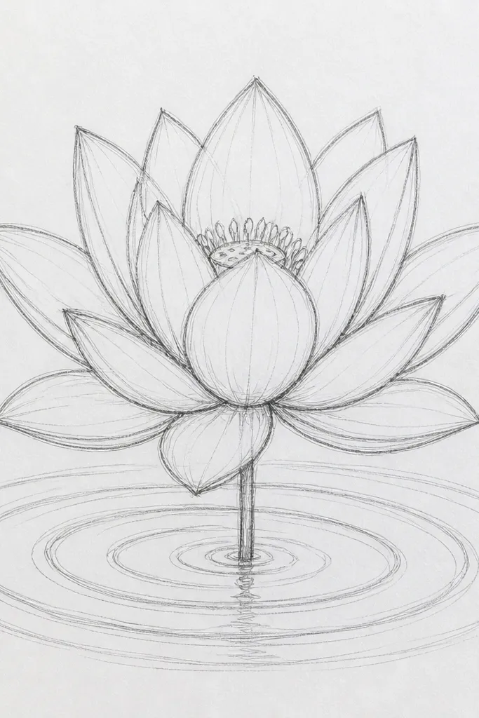 A monochrome lotus in soft gray-purple. The water has ripple rings drawn in the same color, and the reflection is a pale echo shape with no extra hues.