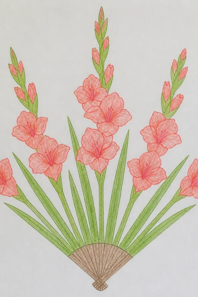 A gladiolus with a dense "fan" cluster at the top, where multiple small rounded petals spread outward above a thinner spike; two wide leaves curve down.