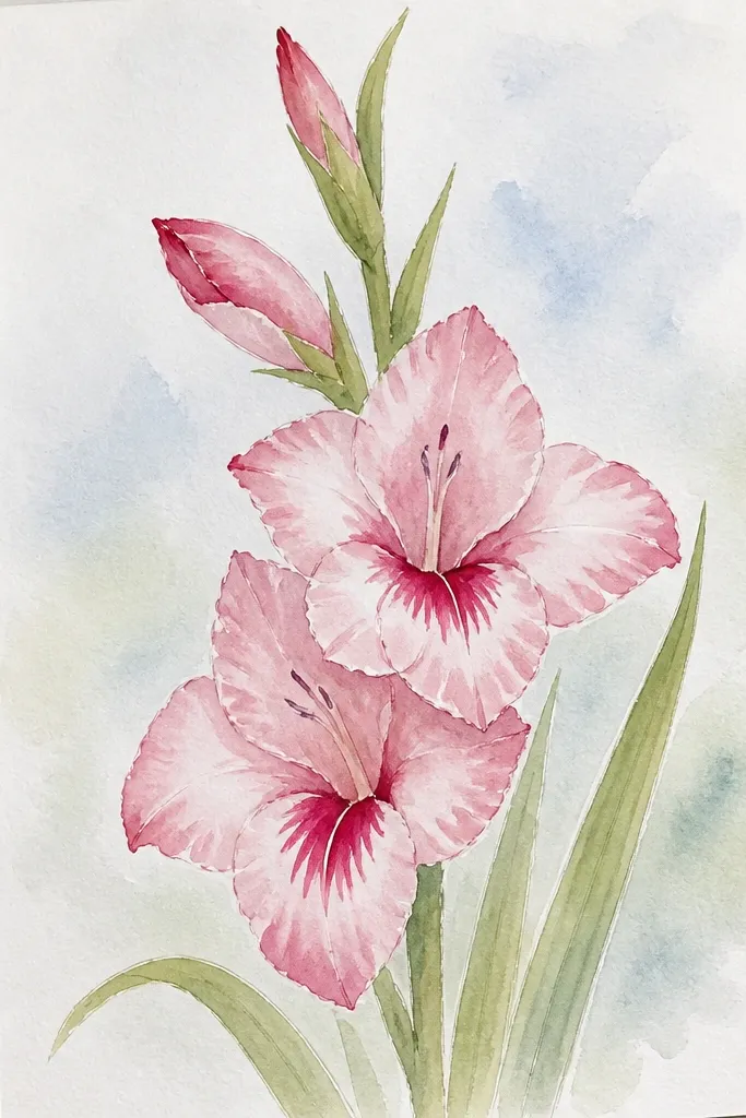 A clean line drawing of a gladiolus where each petal has a thin stripe near the center, creating a striped throat look; leaves are simple long ovals tapering to points.