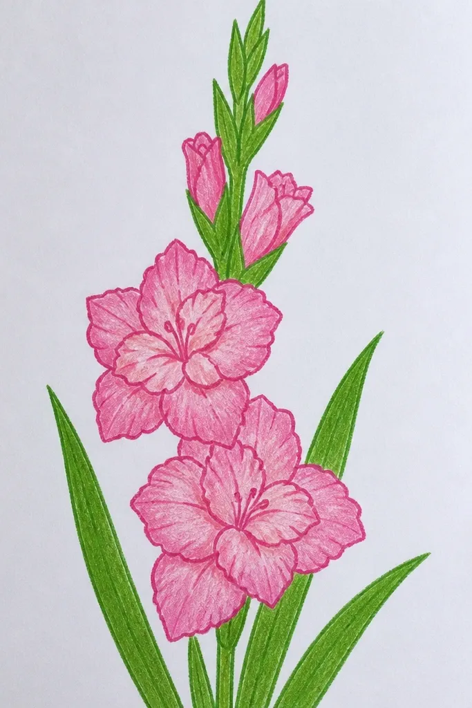 A gladiolus sketch with two-layer petals on each side of the spike, where an inner smaller petal sits inside a larger outer petal; leaves are drawn as narrow blades.
