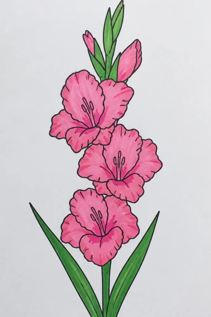 A gladiolus with petals that have wavy outer edges and slight scallops; the spike is centered and leaves have gentle waves too.