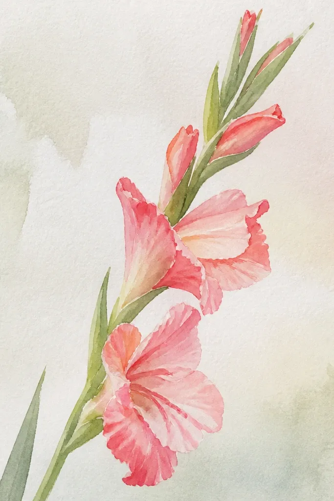 A gladiolus drawn from a slight side angle, showing petals mostly on one side of the spike with the far side reduced; leaves lean to one side.