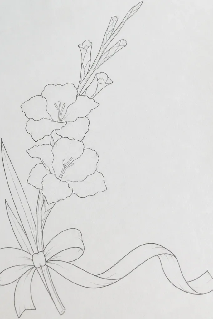 A gladiolus where the spike is curved like a ribbon, petals follow the curve with consistent spacing; leaves arc with the stem.