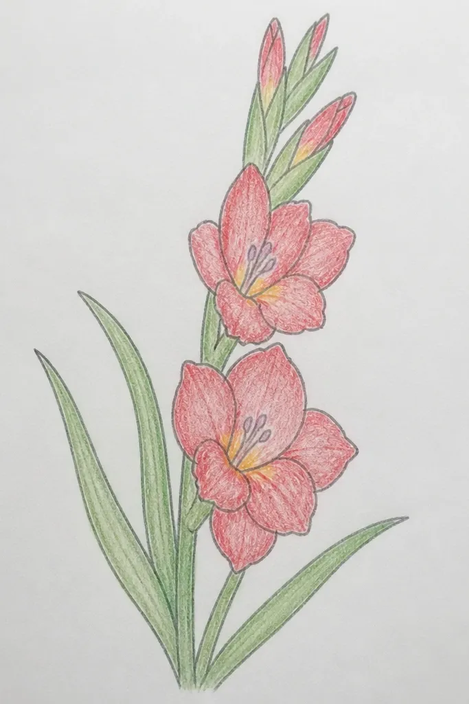 A light line drawing of a gladiolus with simple petal outlines and no internal stripes; thick empty spaces for coloring and two clean leaves.