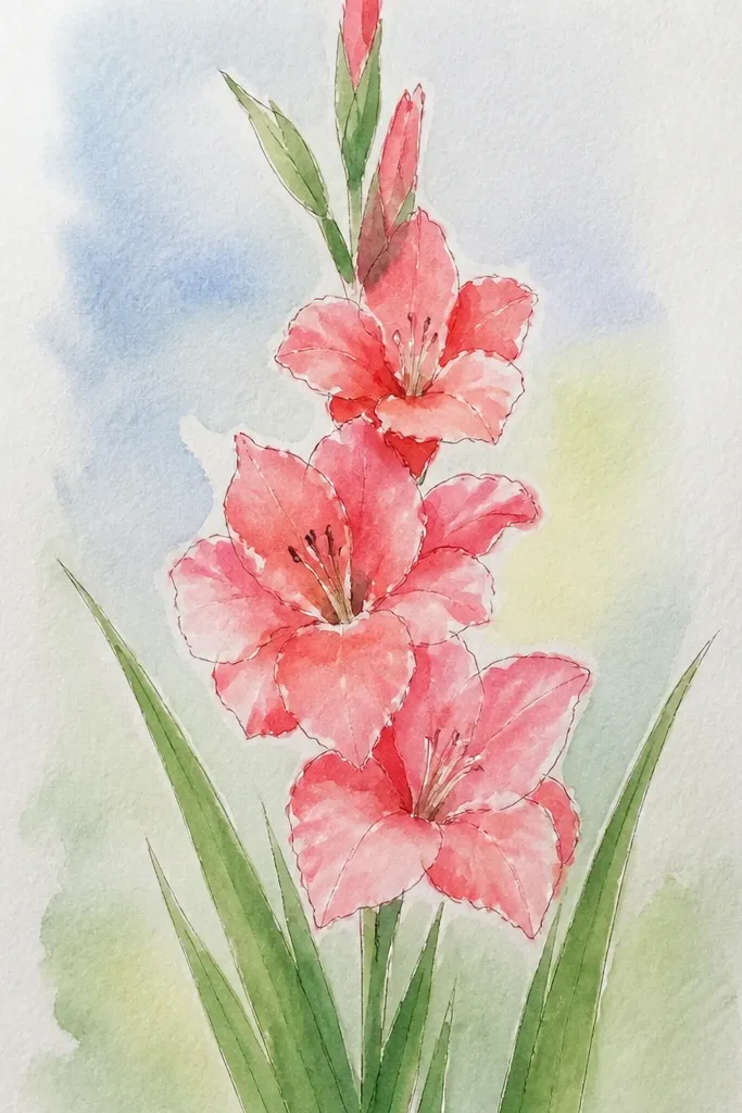A gladiolus drawing with slightly broken, watercolor-like outlines and soft feathered edges around petals; stem and leaves are light and airy.