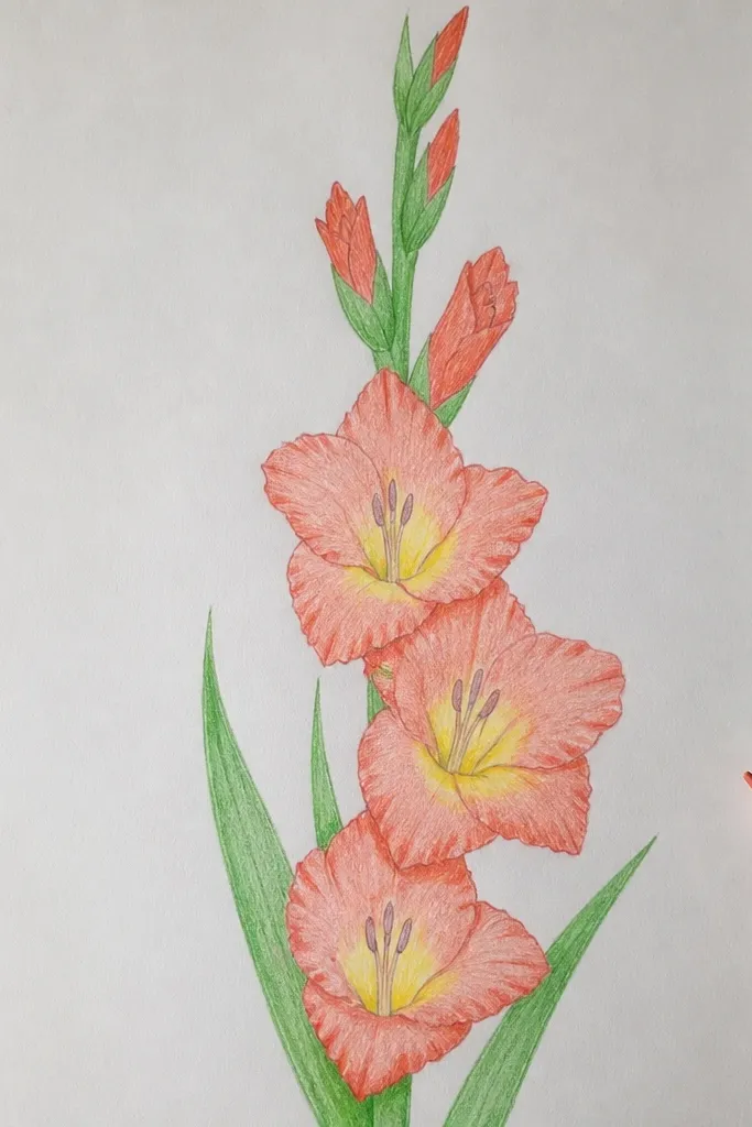 A gladiolus sketch in graphite with soft shading at the petal bases, making a glowing center; leaves have light crosshatch shading.