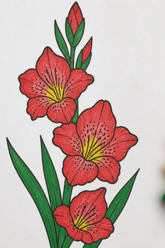A gladiolus with petal patterns made of tiny dots and short dashes near the center; leaves are plain line work.