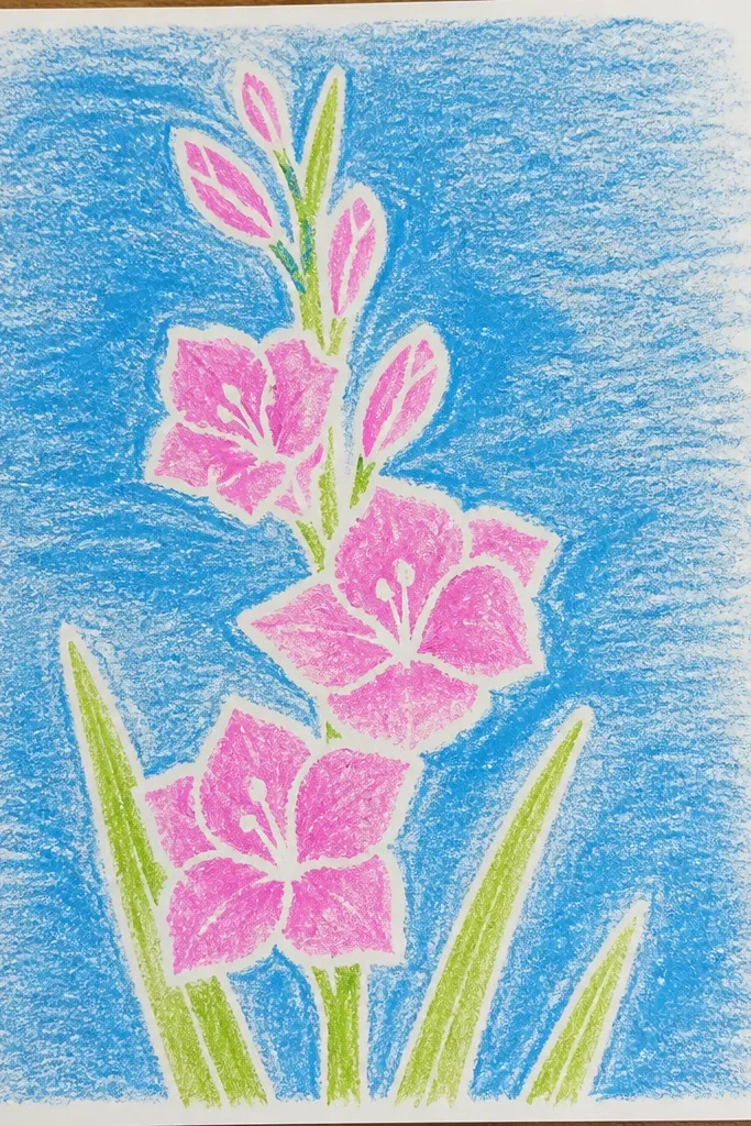 A gladiolus drawn in crayon lines, then painted over with watercolor so the crayon lines resist and stay bright; petals show white highlights.