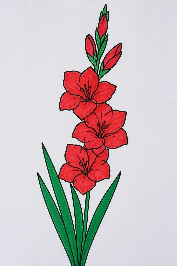 A gladiolus drawn with marker lines and soft marker shading on one side of each petal; leaves have a darker vein line.