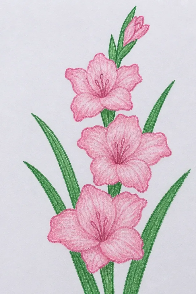 A gladiolus drawn with pastel sticks or chalk, showing dusty color on petals and leaves with softer edges.