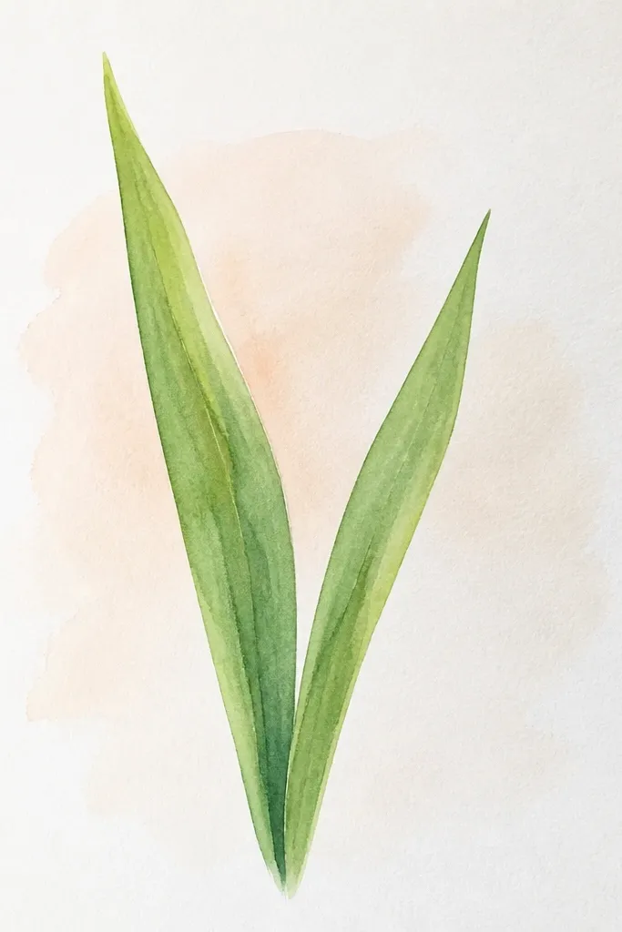 A gladiolus drawing where the leaves are the highlight: two broad leaves with visible midrib and side veins; petals are simpler.