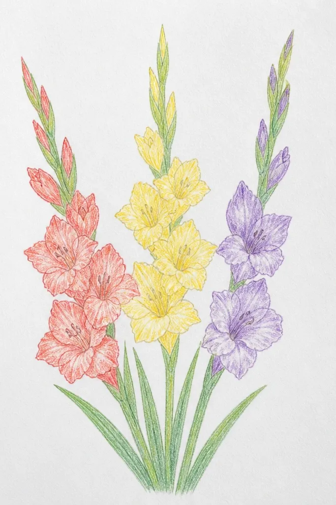 A page with three gladiolus stems grouped together, each with a tapered spike and different petal patterns; leaves overlap in the center.
