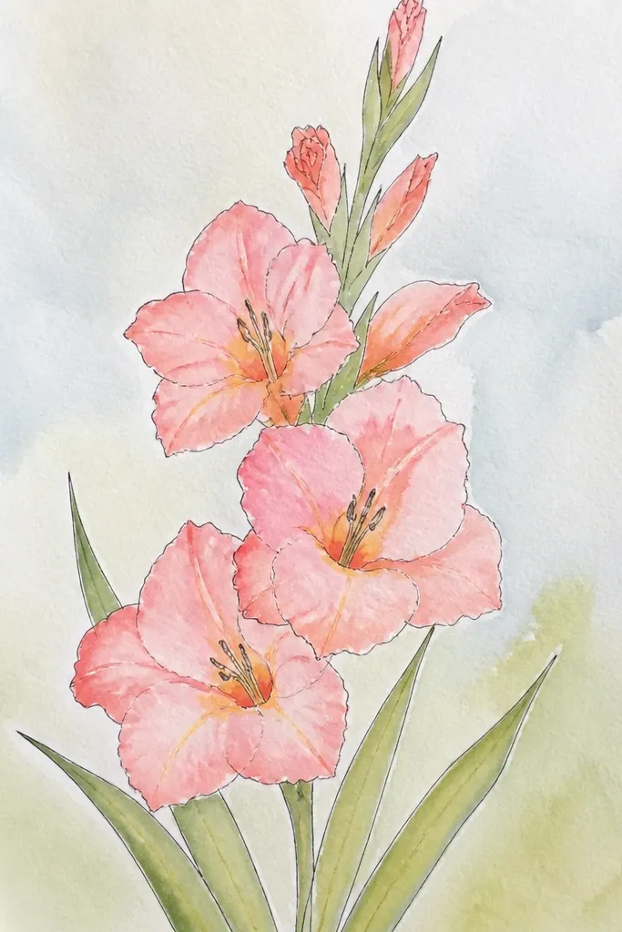 A gladiolus line drawing with clean black outlines and soft, light color fills inside petals, leaving white highlights near the edges.
