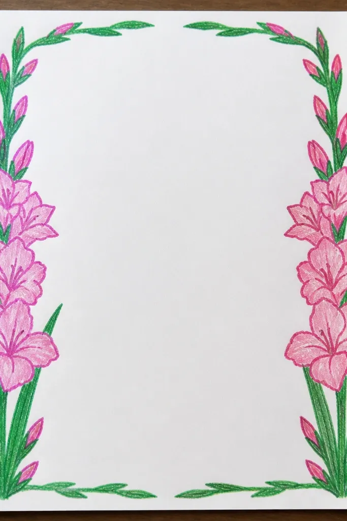 A gladiolus in the center with a simple patterned border around the page, using tiny dots and short lines matching the throat stripe style.