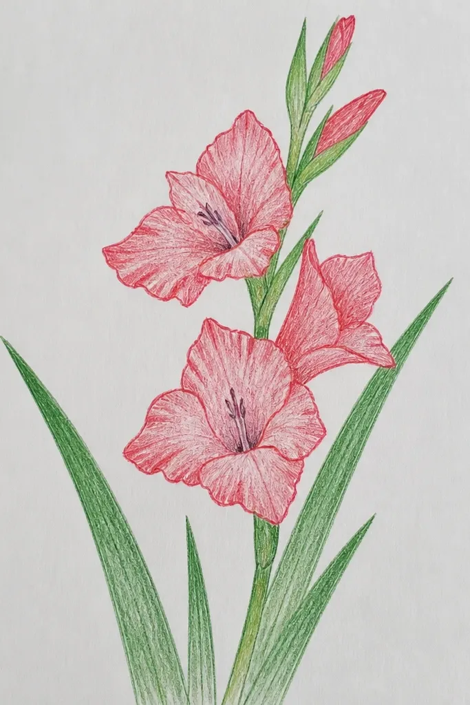A graphite gladiolus with crosshatching on petals and leaves, with darker crosshatch concentrated near petal bases and leaf overlaps.
