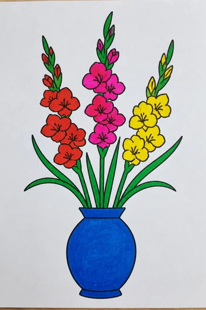 A gladiolus stem emerging from a simple vase drawn as an oval with sides; petals are outlined and lightly colored, leaves arch outward.