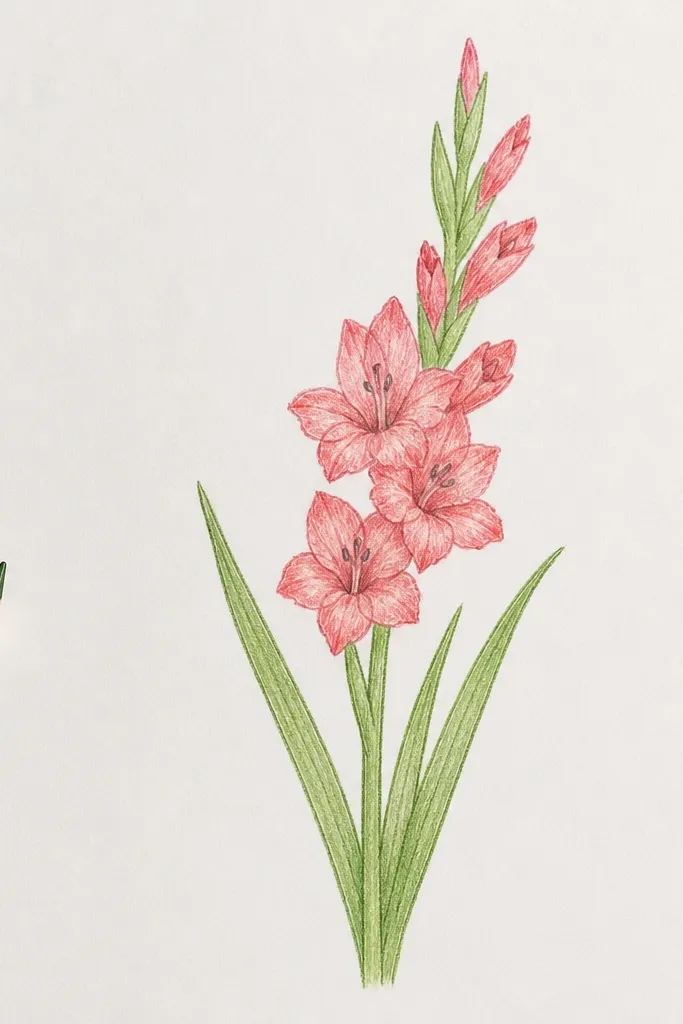 A delicate, pencil-only gladiolus with very thin lines, light shading at petal bases, and airy leaves with long, narrow blades.